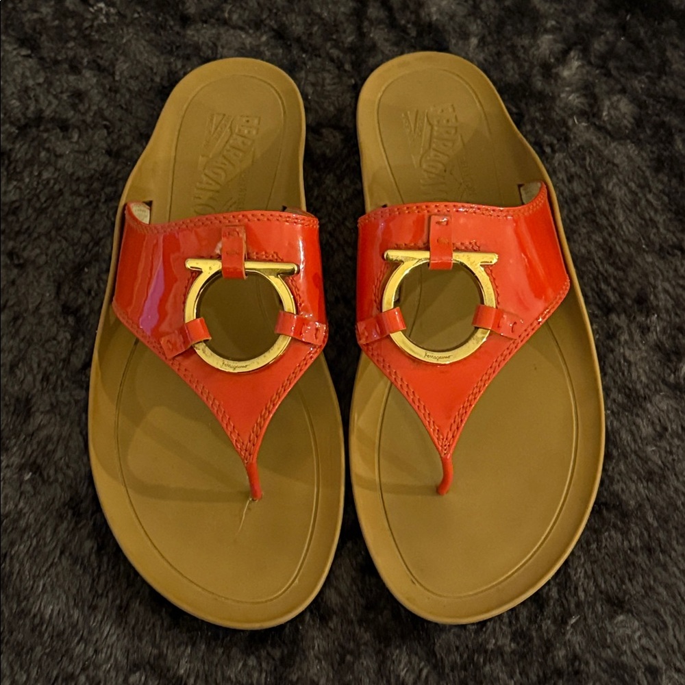 EUC Salvatore Ferragamo Women's Orange Leather Rubber Sole Sandals … size 7 1/2